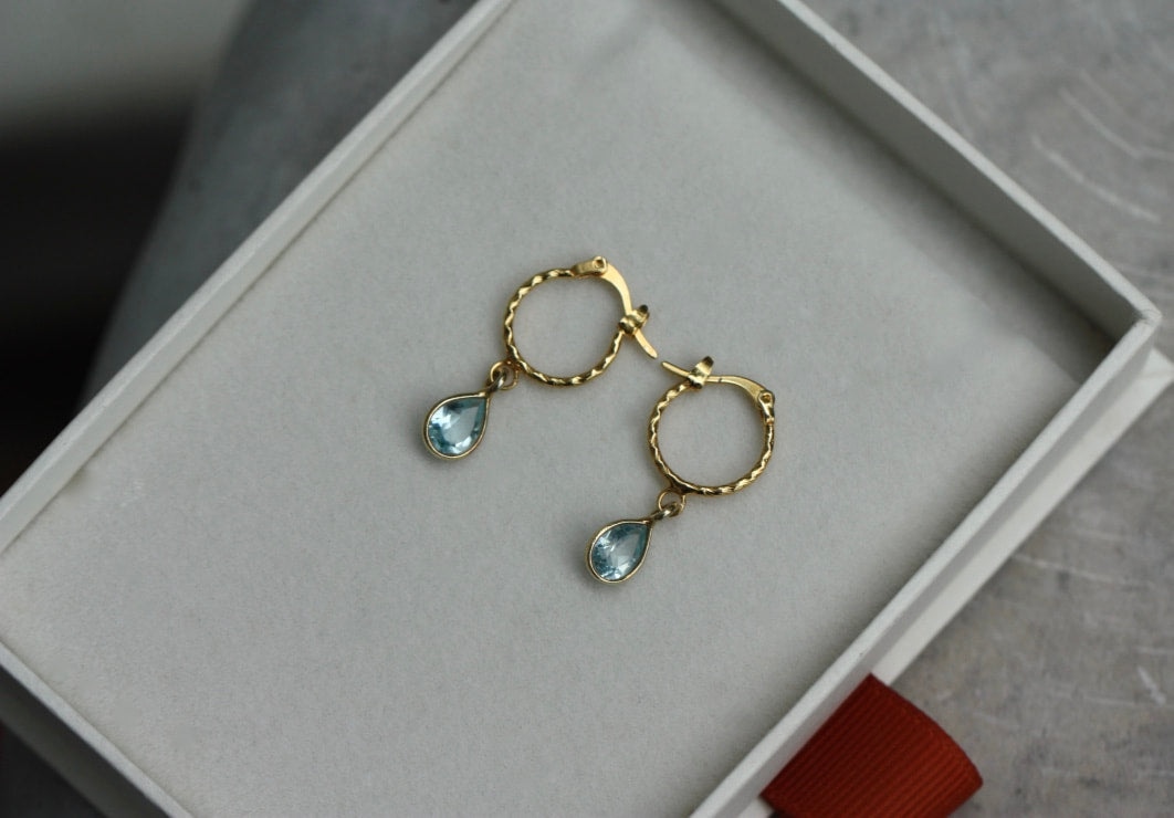 Sky Blue Topaz Textured Hoop Earrings, November Birthstone Earrings