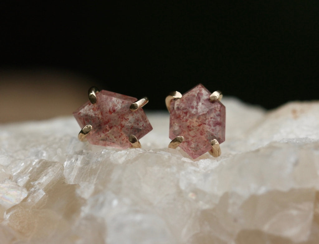 Strawberry Quartz Hexagon Stud Earrings