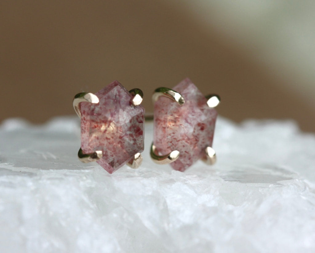 Strawberry Quartz Hexagon Stud Earrings