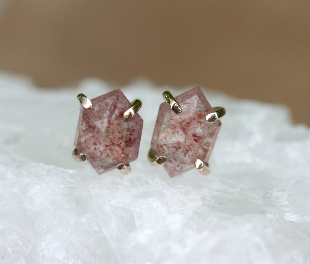 Strawberry Quartz Hexagon Stud Earrings