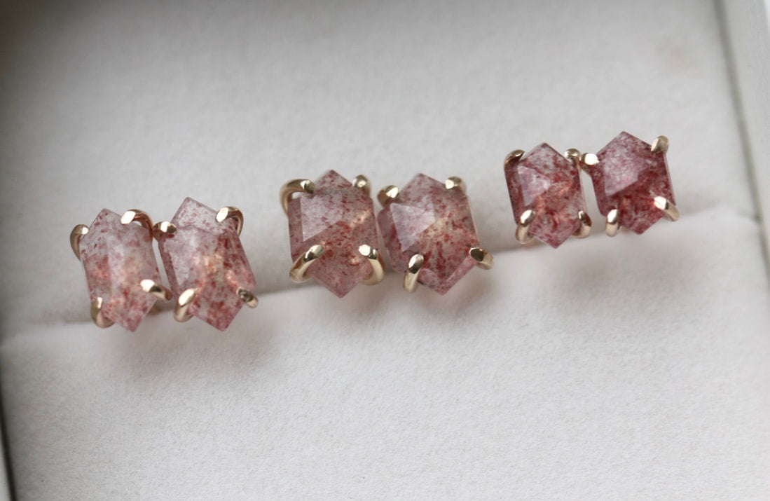 Strawberry Quartz Hexagon Stud Earrings