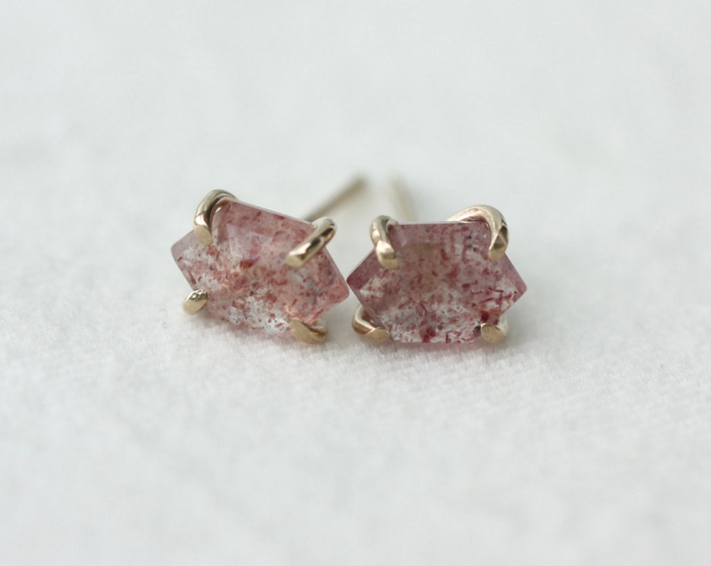 Strawberry Quartz Hexagon Stud Earrings
