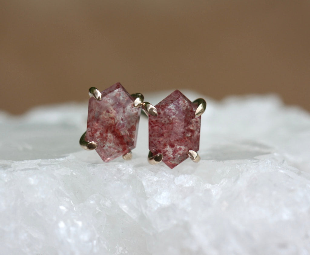 Strawberry Quartz Hexagon Stud Earrings