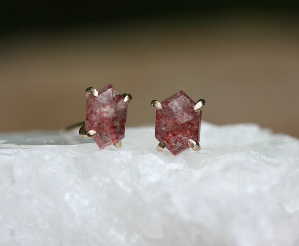 Strawberry Quartz Hexagon Stud Earrings