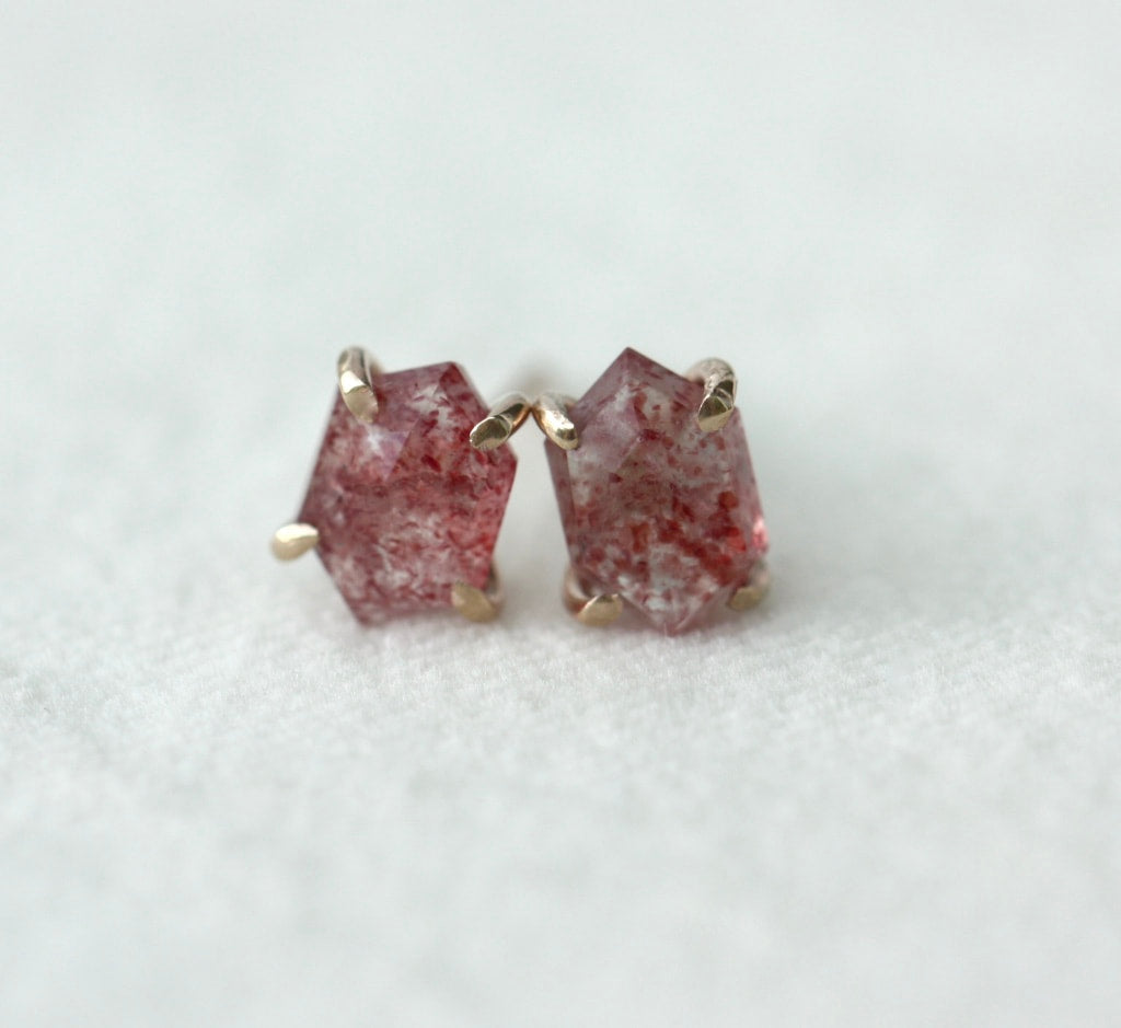 Strawberry Quartz Hexagon Stud Earrings