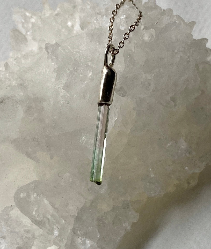 Raw Watermelon Bicolor 'Lipstick' Tourmaline Pendant Necklace, October Birthstone Pendant Necklace, Sterling Silver