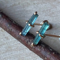 Raw Teal Blue Indicolite Tourmaline Stud Earrings, October Birthstone Earrings