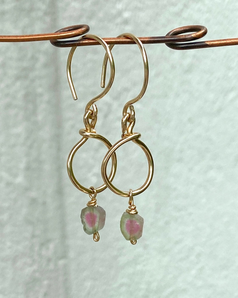 Raw Watermelon Tourmaline Slice Hoop Earrings, October Birthstone Earrings