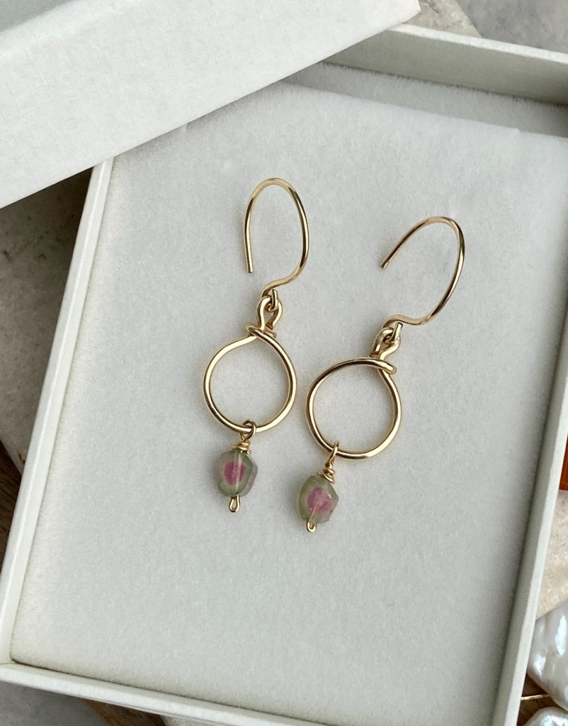Raw Watermelon Tourmaline Slice Hoop Earrings, October Birthstone Earrings