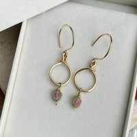 Raw Watermelon Tourmaline Slice Hoop Earrings, October Birthstone Earrings