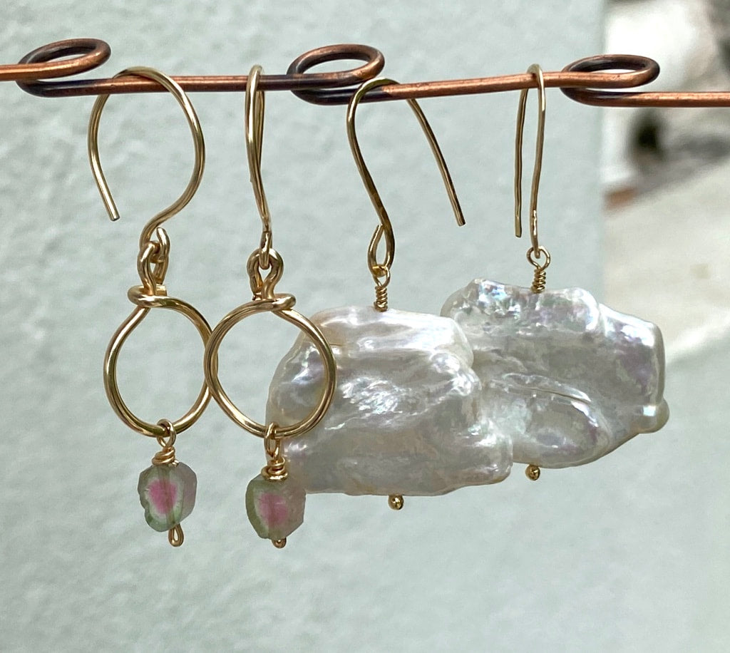 Raw Watermelon Tourmaline Slice Hoop Earrings, October Birthstone Earrings