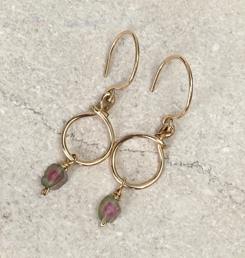 Raw Watermelon Tourmaline Slice Hoop Earrings, October Birthstone Earrings