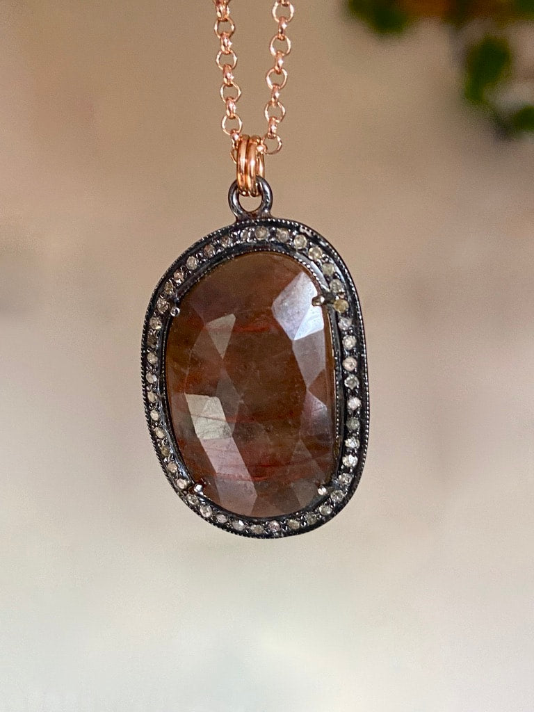 Large Brown Sapphire and Pave Diamond Pendant Necklace, September April Birthstone Pendant Necklace