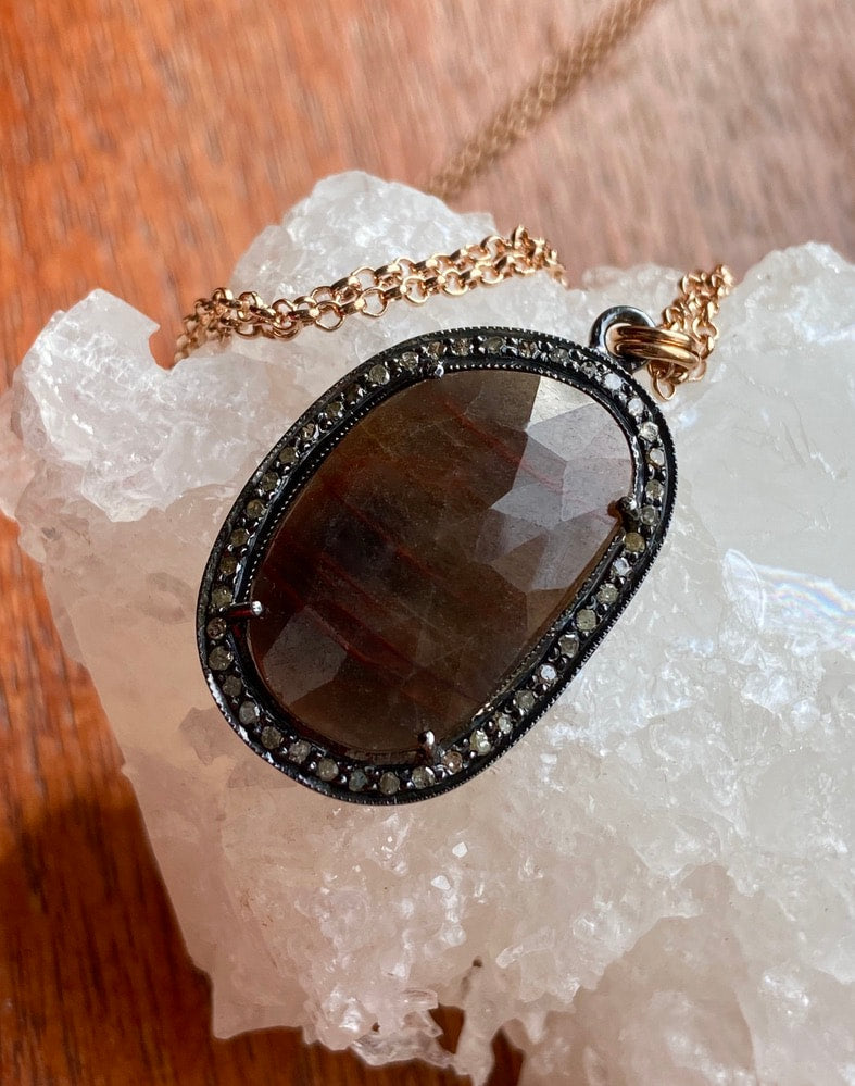 Large Brown Sapphire and Pave Diamond Pendant Necklace, September April Birthstone Pendant Necklace
