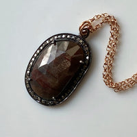 Large Brown Sapphire and Pave Diamond Pendant Necklace, September April Birthstone Pendant Necklace