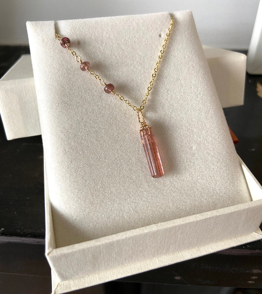 Raw Raspberry Pink Tourmaline Crystal Point Pendant Necklace, October Birthstone Necklace
