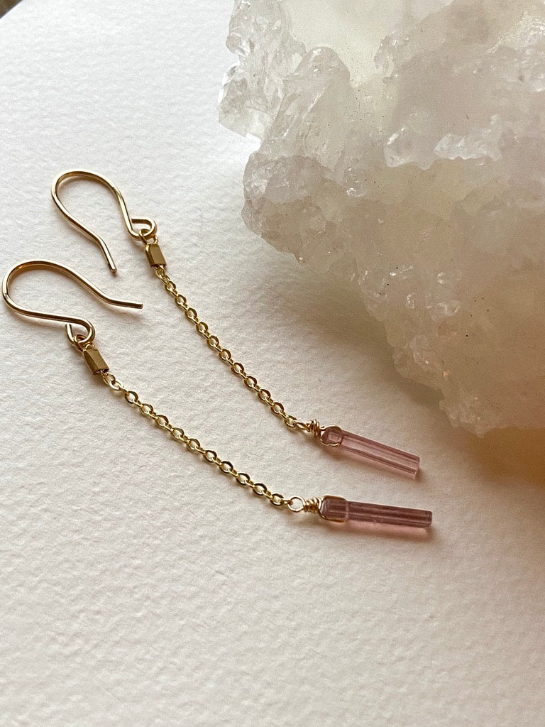 Raw Raspberry Pink Tourmaline Chain Earrings, October Birthstone Earrings