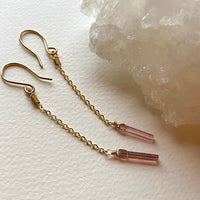Raw Raspberry Pink Tourmaline Chain Earrings, October Birthstone Earrings