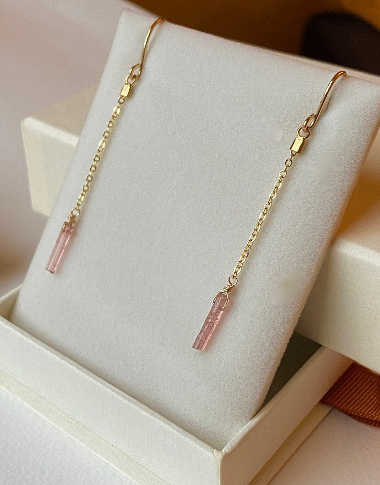 Raw Raspberry Pink Tourmaline Chain Earrings, October Birthstone Earrings