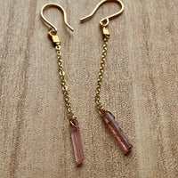 Raw Raspberry Pink Tourmaline Chain Earrings, October Birthstone Earrings