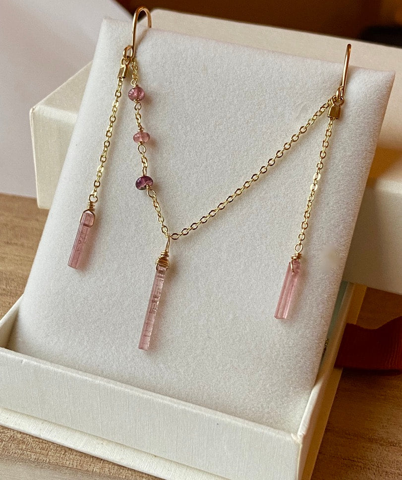 Raw Raspberry Pink Tourmaline Chain Earrings, October Birthstone Earrings