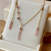 Raw Raspberry Pink Tourmaline Chain Earrings, October Birthstone Earrings