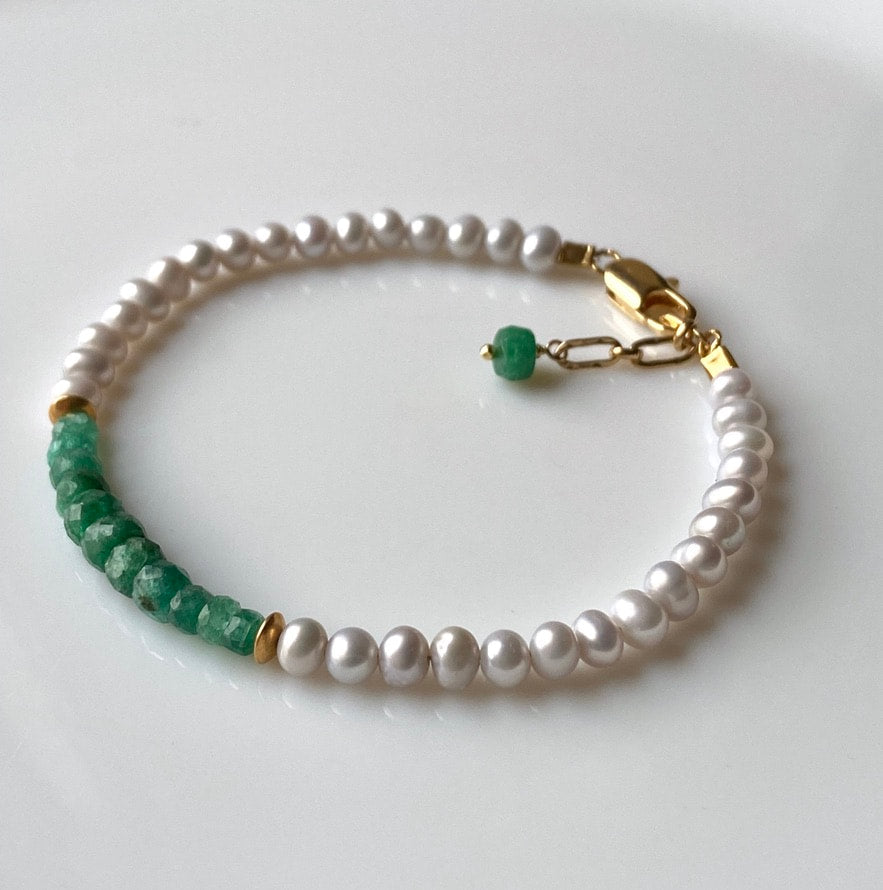Zambian Emerald and Freshwater Pearl Bracelet, May Birthstone Bracelet