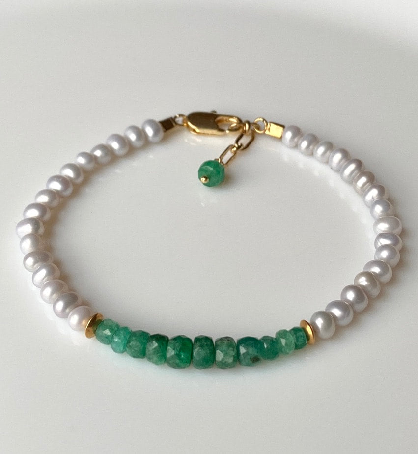Zambian Emerald and Freshwater Pearl Bracelet, May Birthstone Bracelet