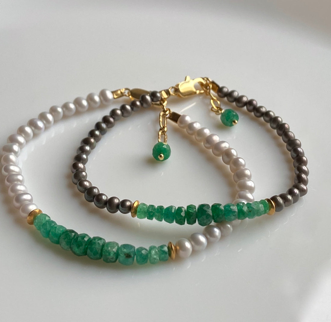 Zambian Emerald and Freshwater Pearl Bracelet, May Birthstone Bracelet