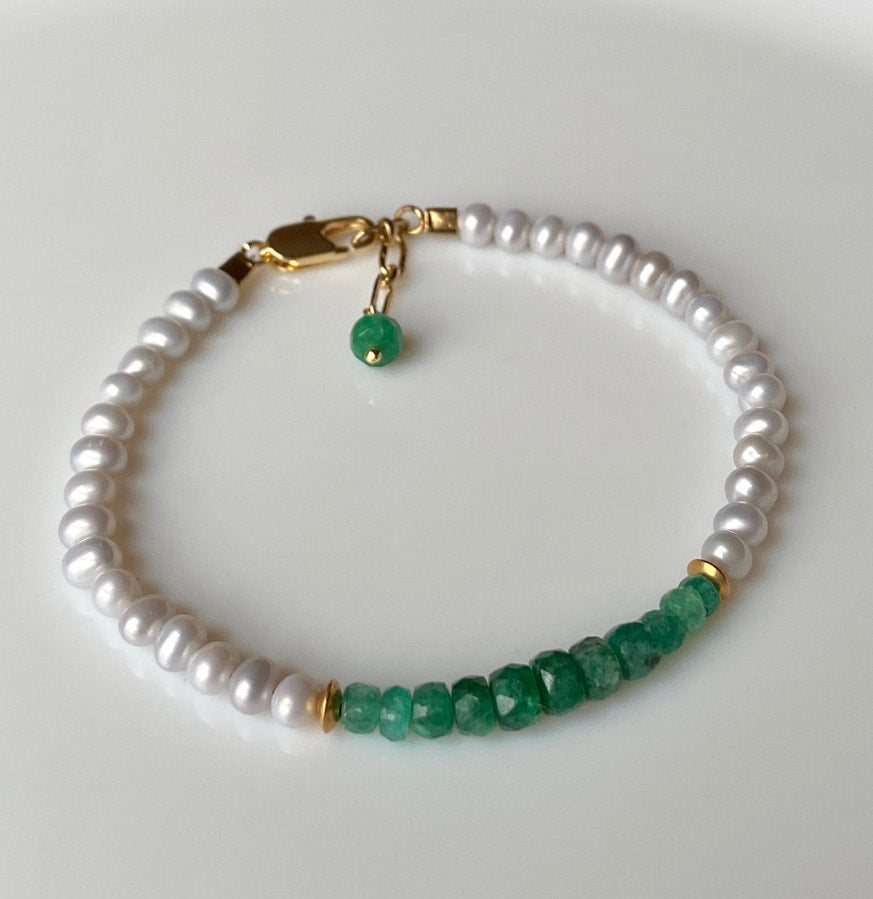 Zambian Emerald and Freshwater Pearl Bracelet, May Birthstone Bracelet