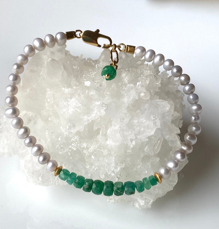 Zambian Emerald and Freshwater Pearl Bracelet, May Birthstone Bracelet
