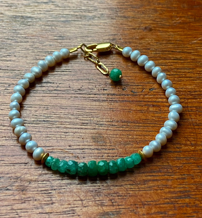 Zambian Emerald and Freshwater Pearl Bracelet, May Birthstone Bracelet