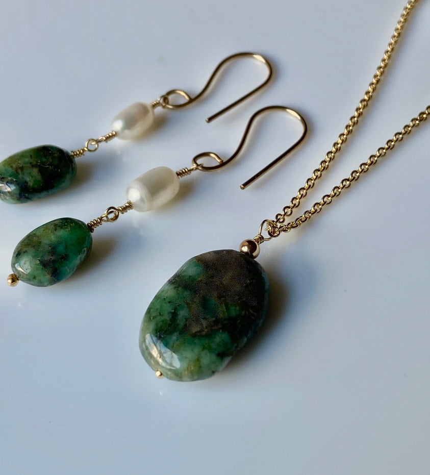 Long Raw Emerald and Pearl Earrings, May Birthstone Earrings