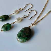 Long Raw Emerald and Pearl Earrings, May Birthstone Earrings