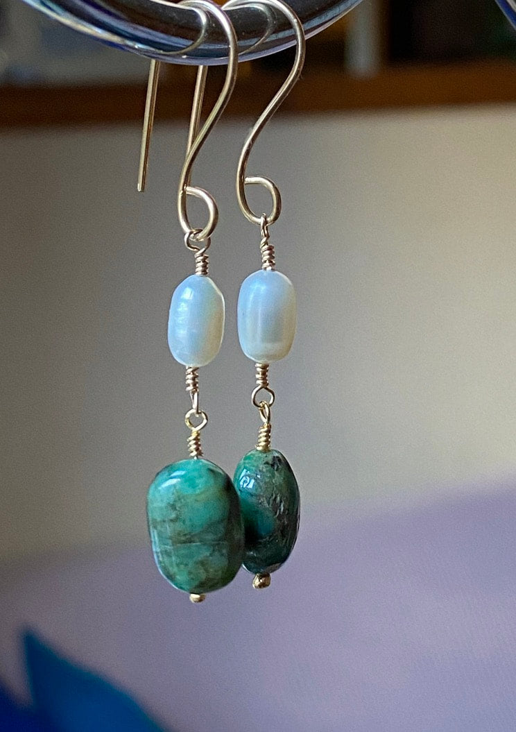 Long Raw Emerald and Pearl Earrings, May Birthstone Earrings