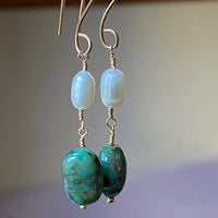 Long Raw Emerald and Pearl Earrings, May Birthstone Earrings