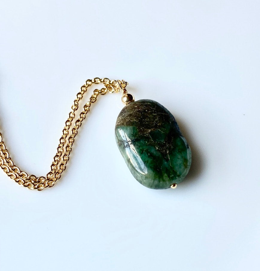 Raw Emerald Pendant Necklace, May Birthstone Necklace