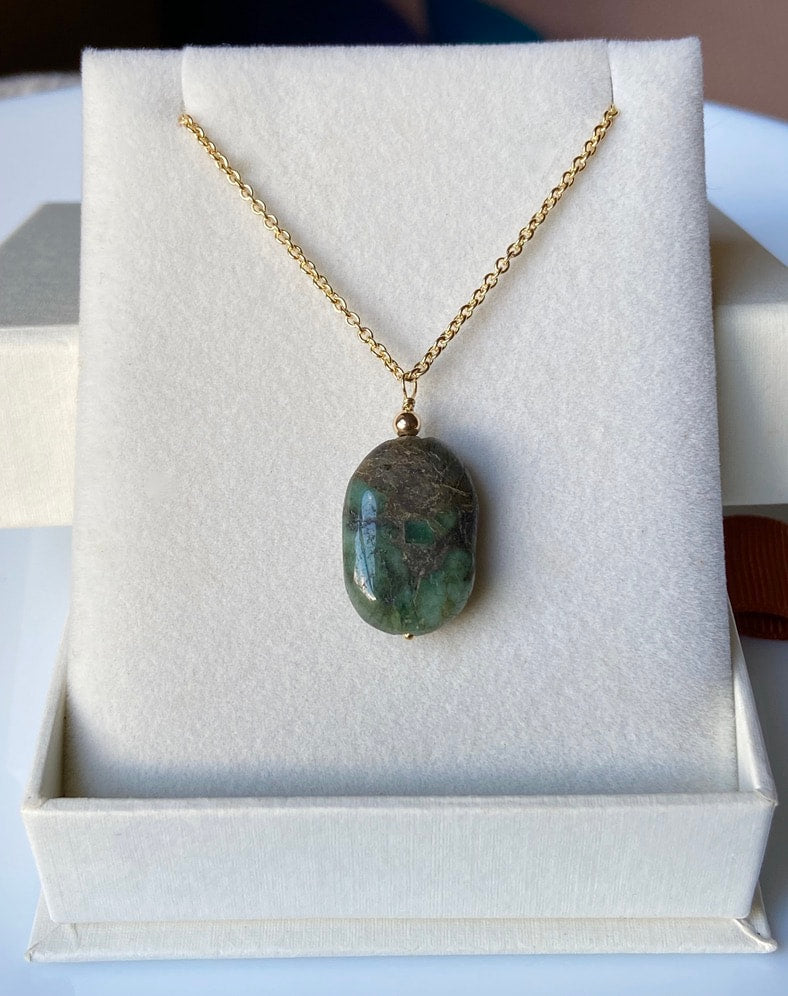 Raw Emerald Pendant Necklace, May Birthstone Necklace