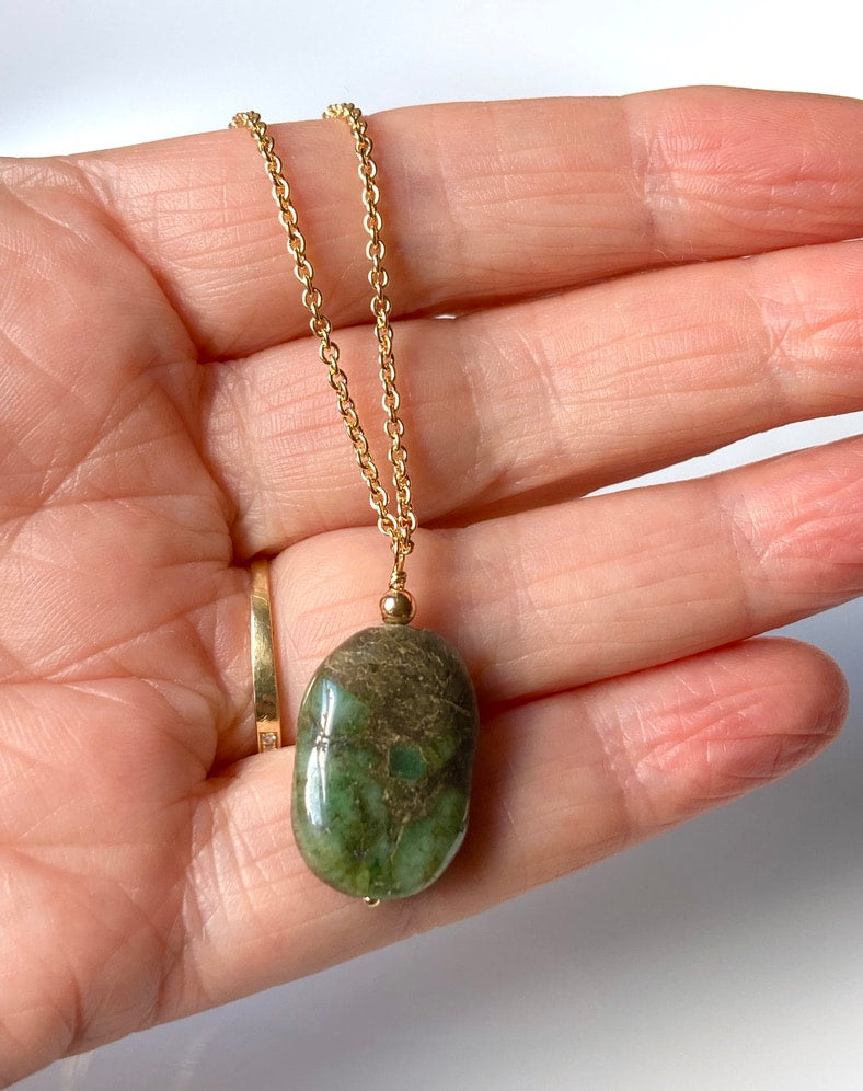 Raw Emerald Pendant Necklace, May Birthstone Necklace