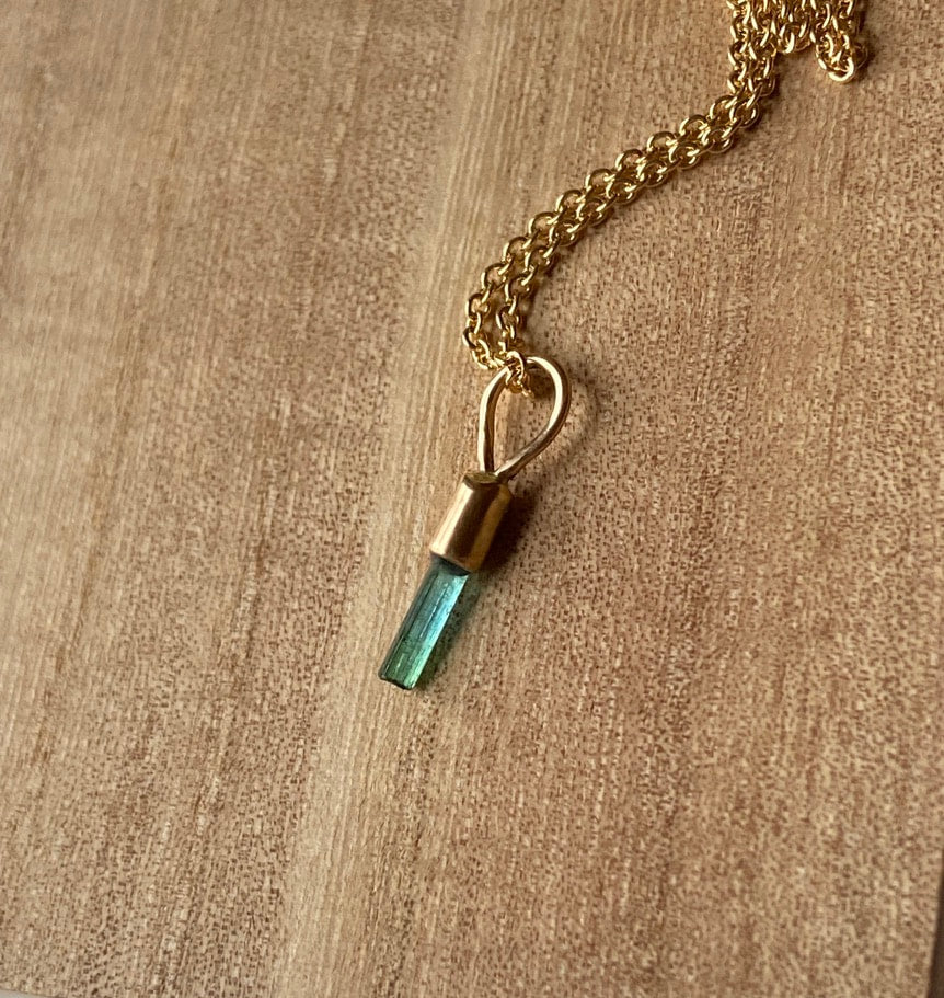 Raw Blue Green Indicolite / Paraiba Tourmaline Pendant Necklace, October Birthstone Pendant Necklace, 14k Gold