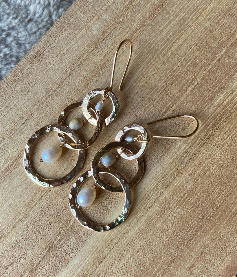 Long Hammered Three Hoop Earrings with Freshwater Pearls