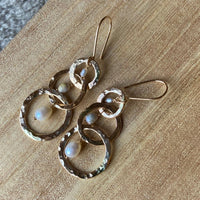 Long Hammered Three Hoop Earrings with Freshwater Pearls