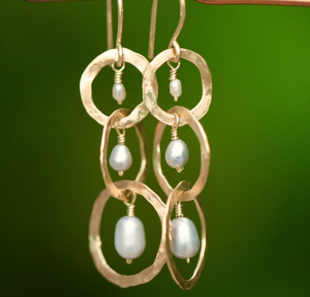 Long Hammered Three Hoop Earrings with Freshwater Pearls