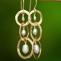 Long Hammered Three Hoop Earrings with Freshwater Pearls