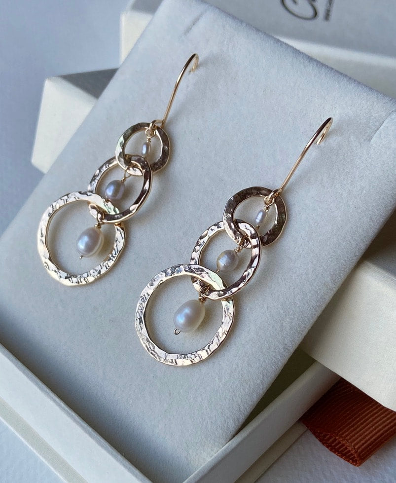 Long Hammered Three Hoop Earrings with Freshwater Pearls