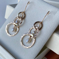 Long Hammered Three Hoop Earrings with Freshwater Pearls