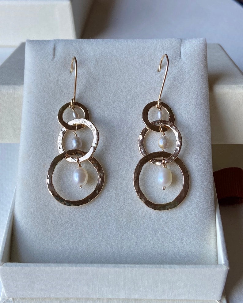 Long Hammered Three Hoop Earrings with Freshwater Pearls