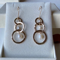 Long Hammered Three Hoop Earrings with Freshwater Pearls