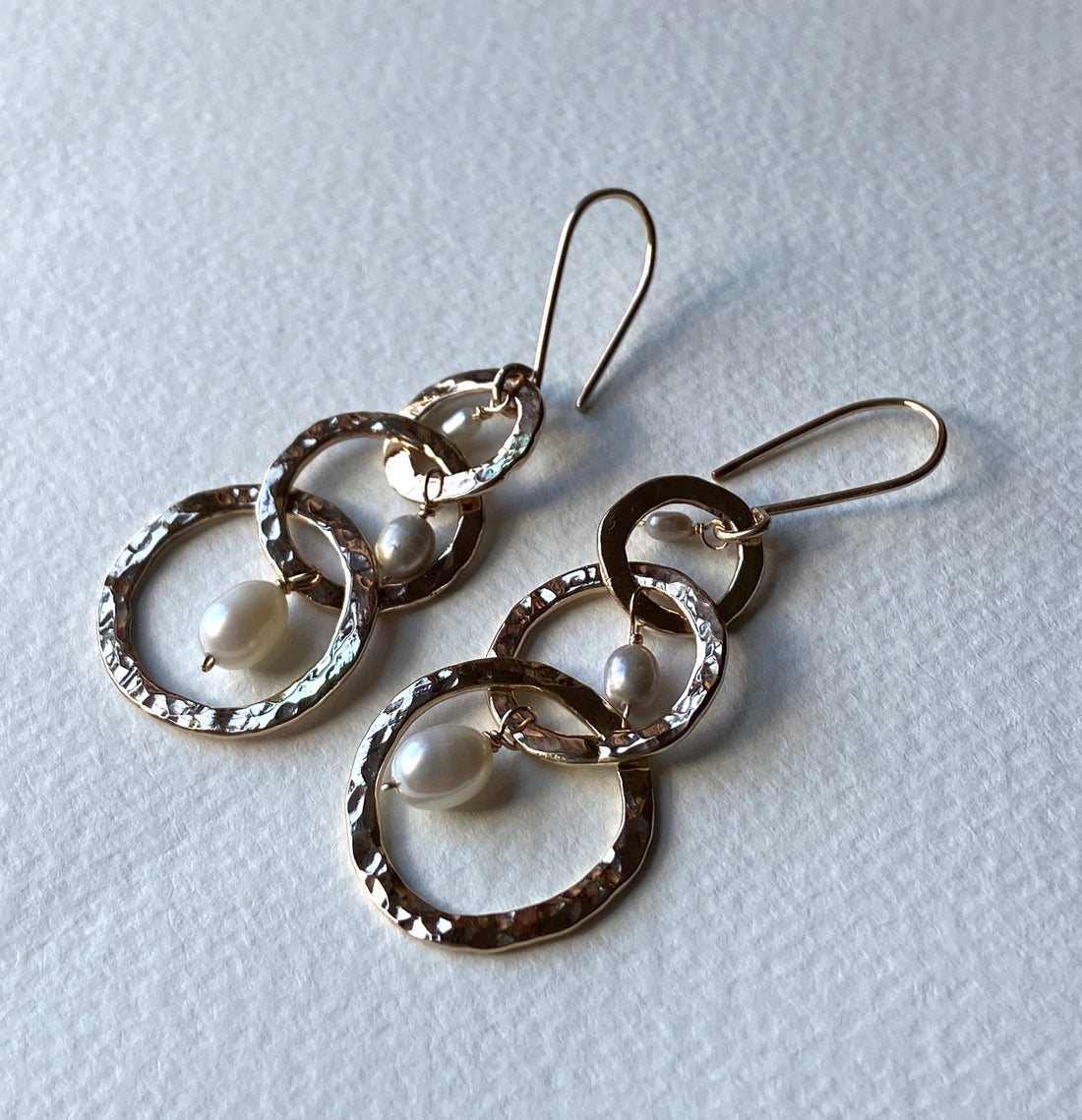 Long Hammered Three Hoop Earrings with Freshwater Pearls