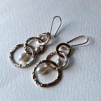Long Hammered Three Hoop Earrings with Freshwater Pearls